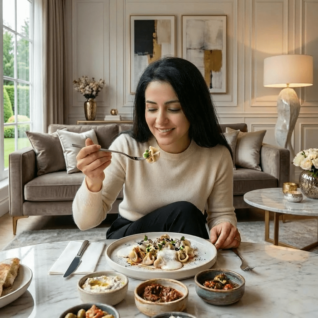 Woman dining on manti and mezze at a restaurant with a KÖK + YENİ sign.