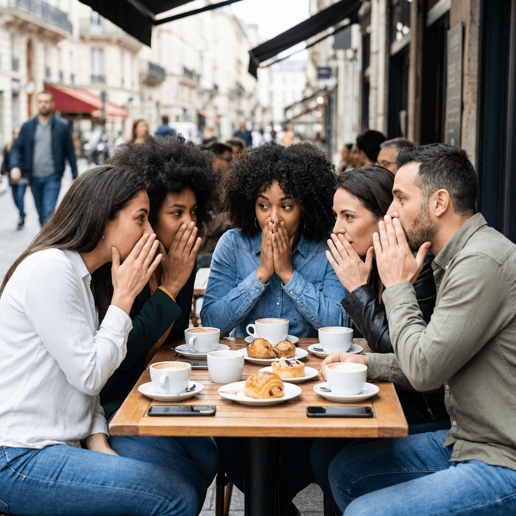 Five friends whispering secrets around a table with coffee and pastries at an outdoor cafe.