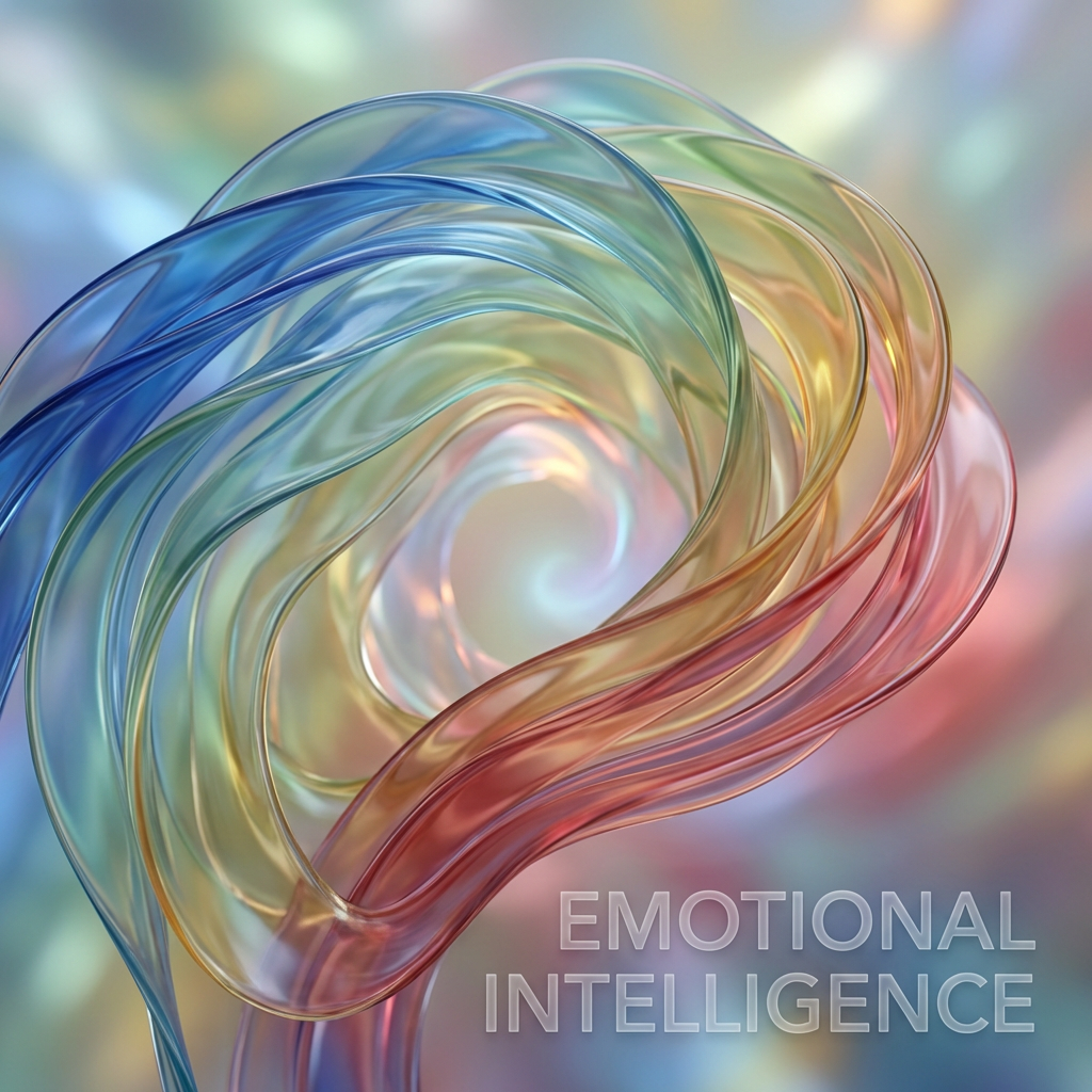 Rainbow-colored glass swirl shaped like a brain with text "EMOTIONAL INTELLIGENCE".