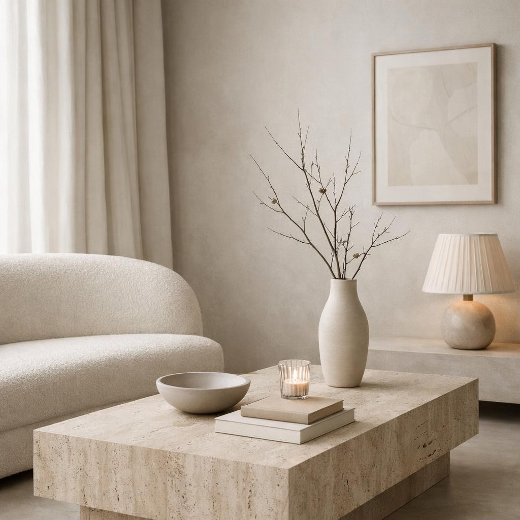 Neutral-toned living room featuring curved sofa, stone coffee table, vase with branches, books, candle, lamp, and abstract wall art.