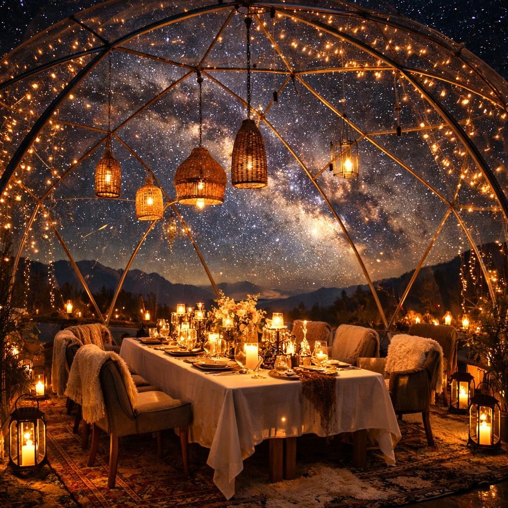 Outdoor dining table with candles and string lights under a star-filled sky