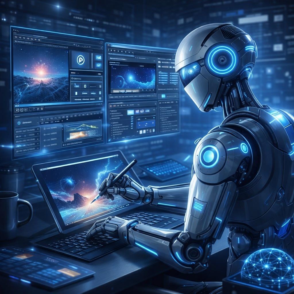 Woman using AI holographic interface for content strategy and data analysis