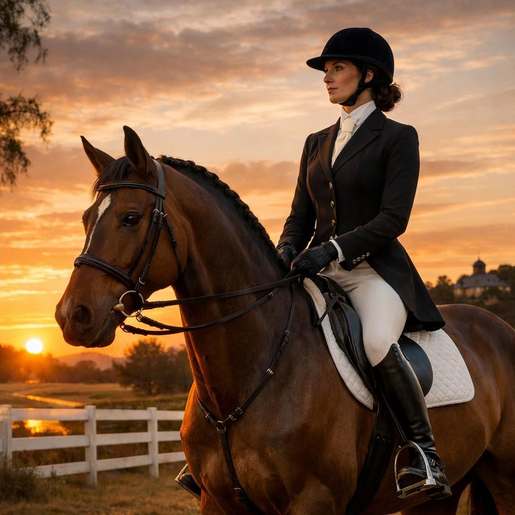 Equestrian rider in formal attire on brown horse at sunset