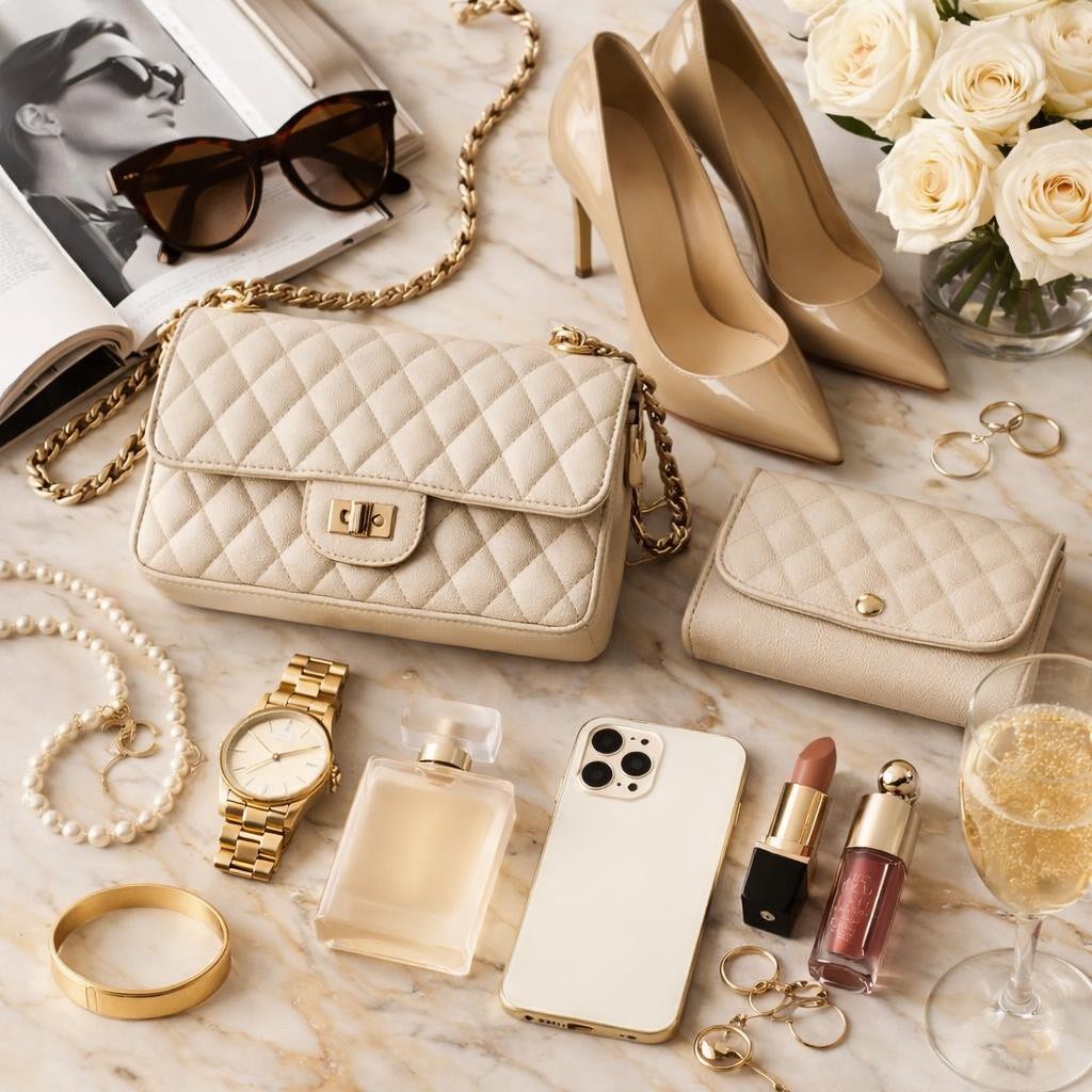 Beige quilted handbag, matching wallet, nude high heels, gold watch, perfume, lipstick, sunglasses, smartphone, jewelry, and champagne glass on marble surface