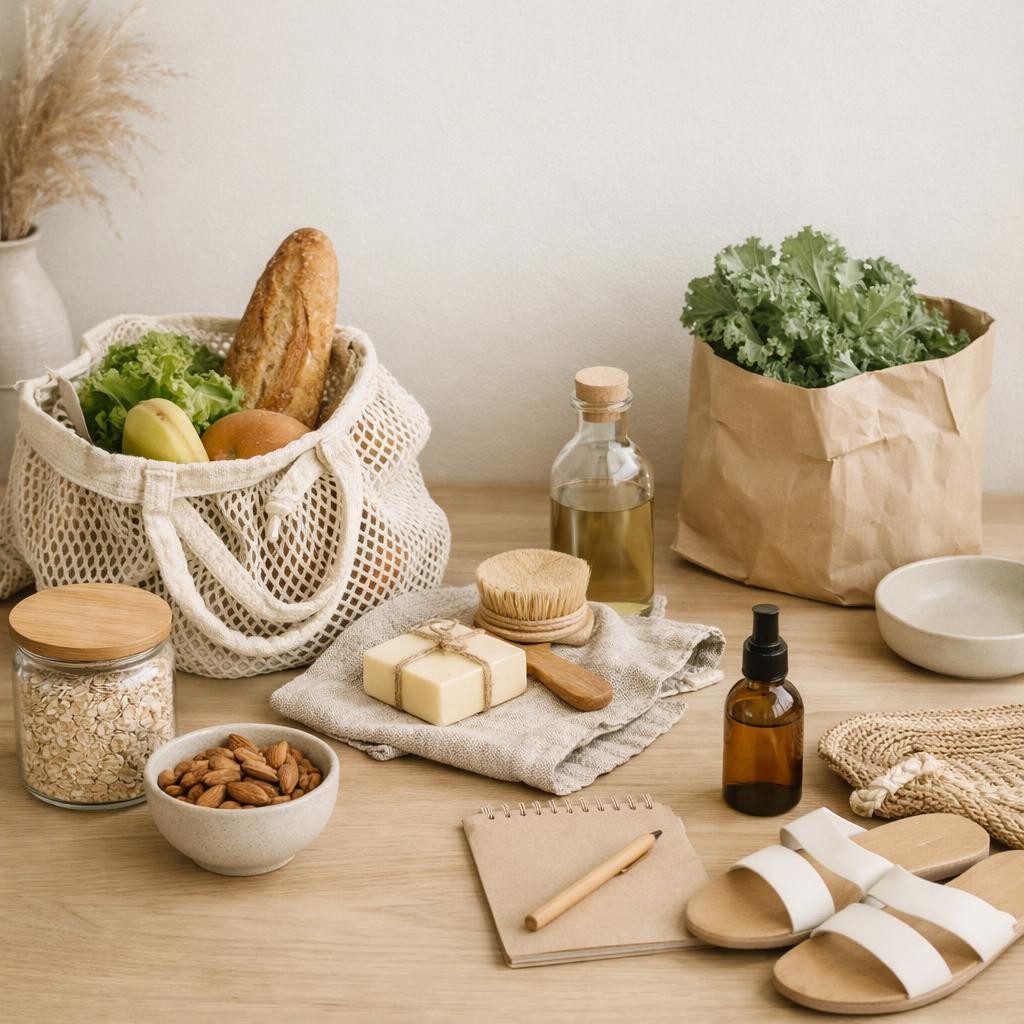 Reusable shopping bag with bread and vegetables, glass jars with oats and almonds, bottles with natural oils, bar soap, brush, notebook, and sandals on a wooden surface