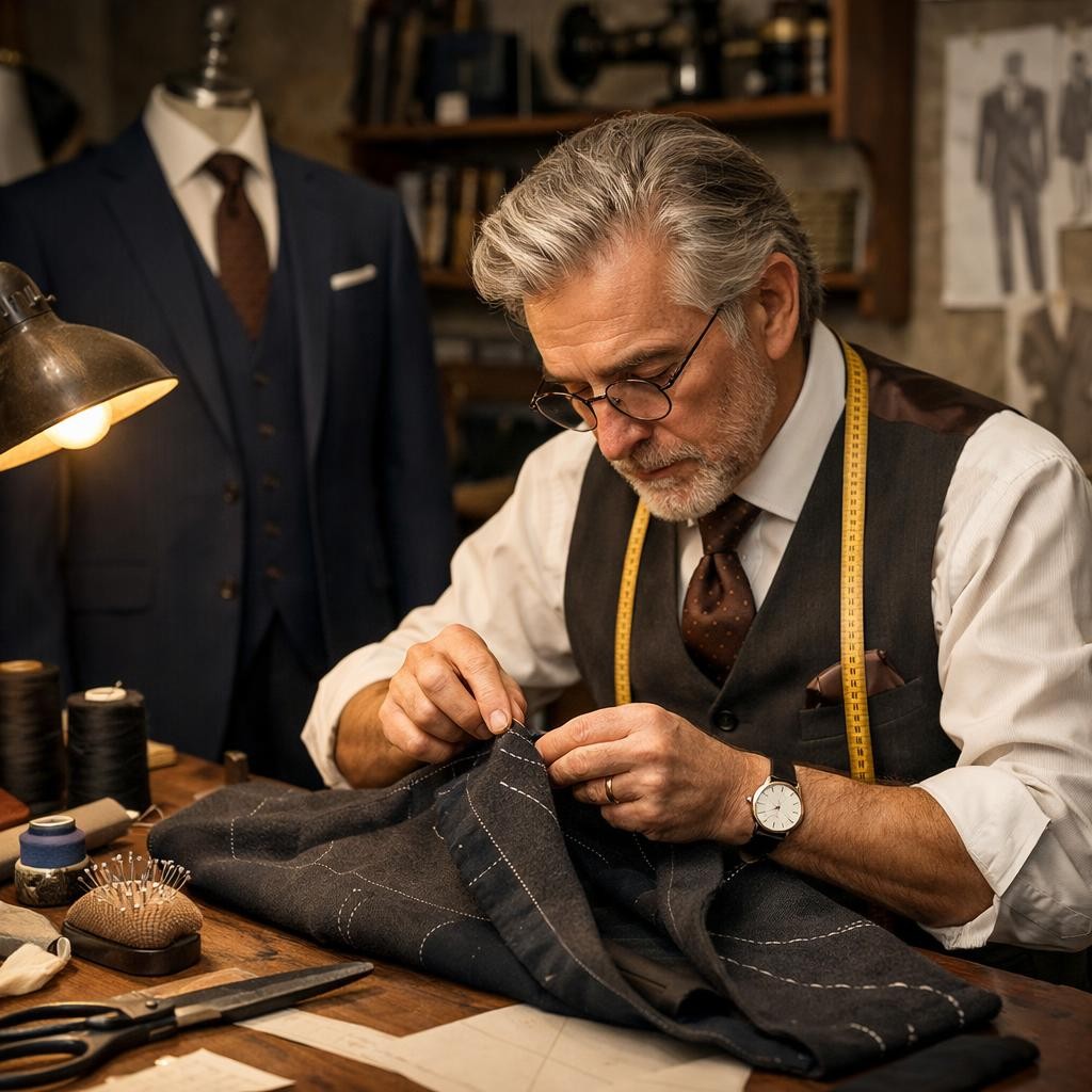 Tailor hand-sewing a dark suit jacket with measuring tape around neck
