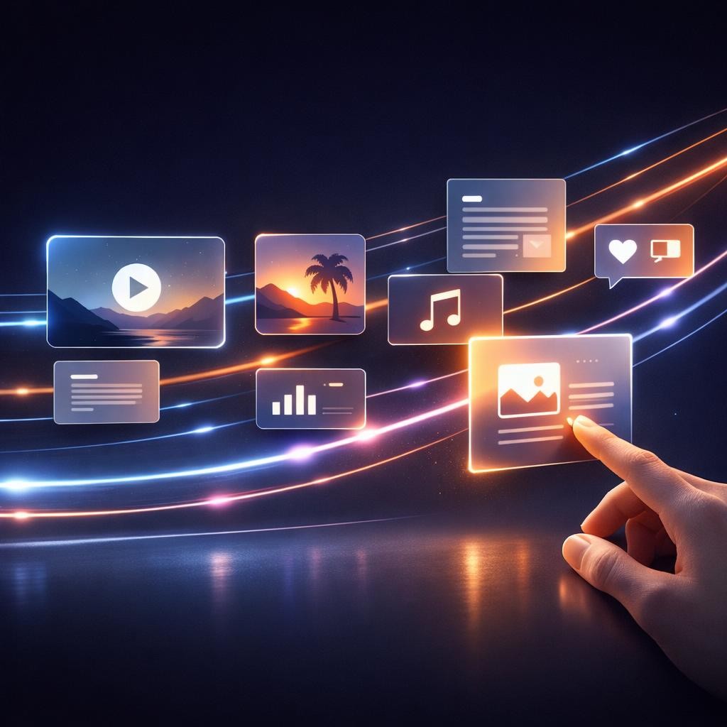 Hand selecting glowing digital media and data icons on dark background