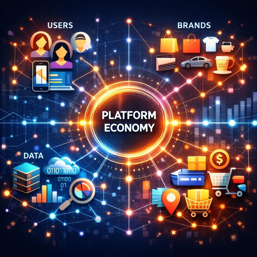 Central circle labeled Platform Economy connected to icons for users, brands, data, and commerce