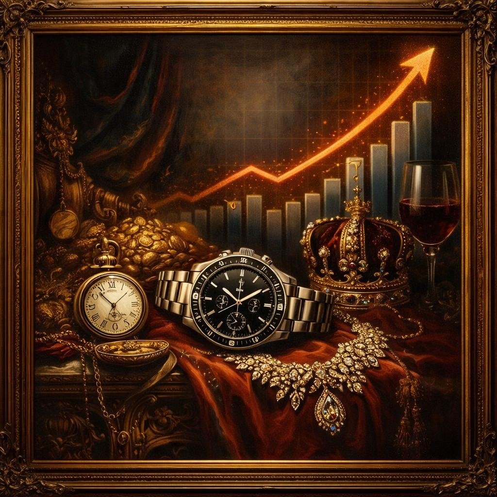 Stainless steel wristwatch with black dial in front of ascending bar and line graph