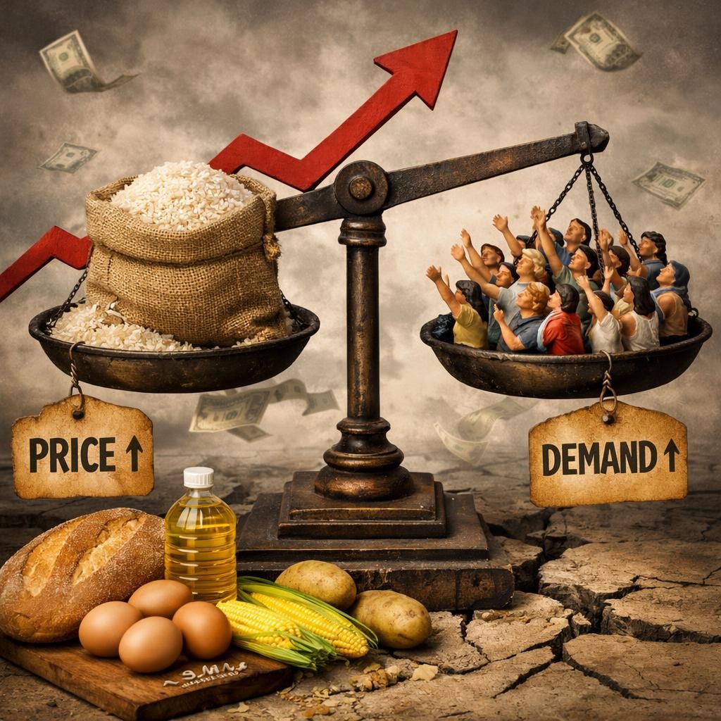 Balance scale with a sack of rice labeled price and crowded people labeled demand