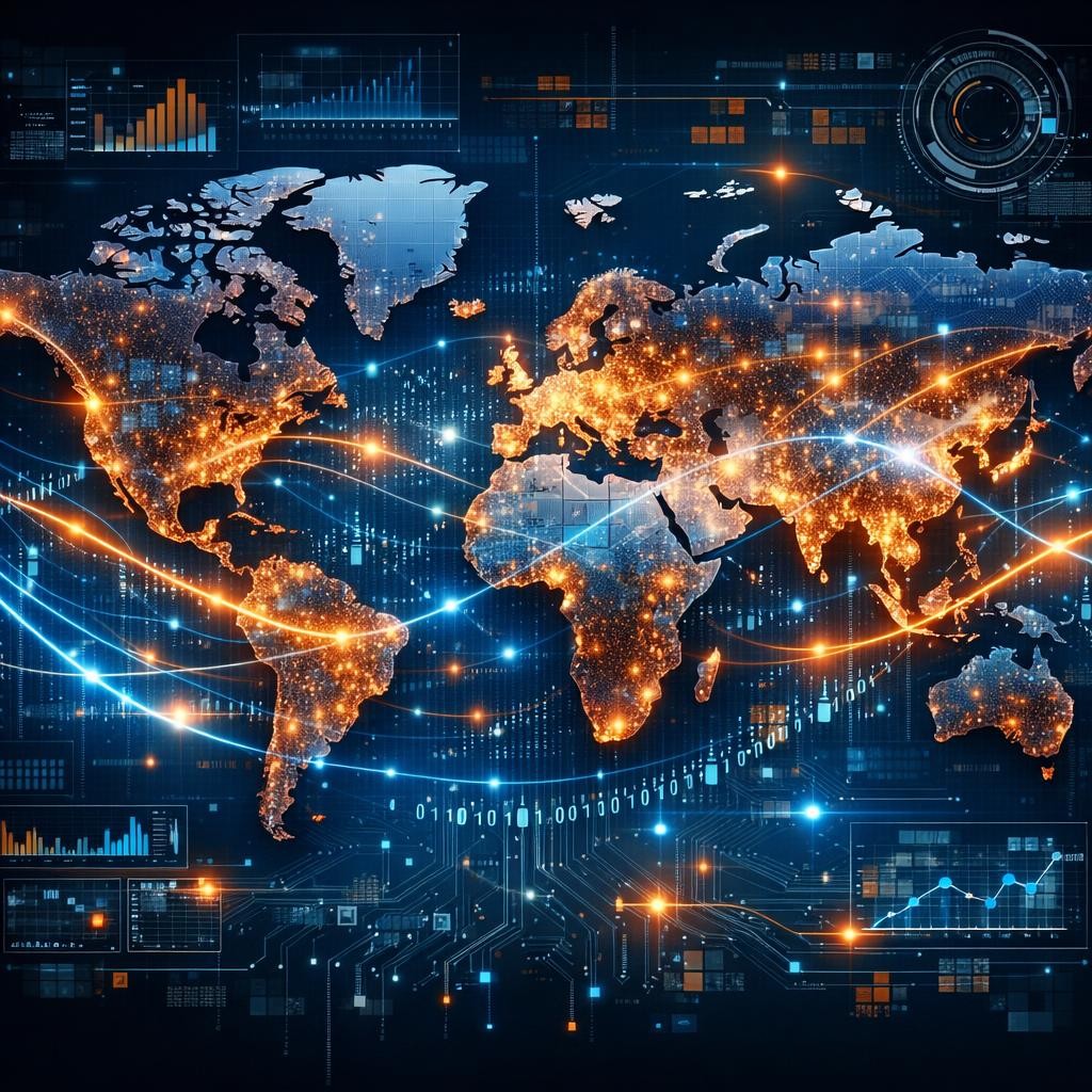 World map with illuminated network connections and data flow visualizations in blue and orange.