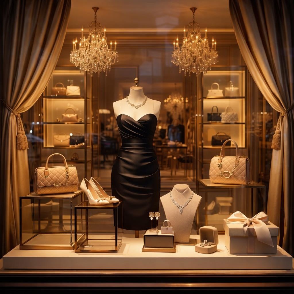 Mannequin wearing black strapless dress with necklaces, surrounded by handbags, shoes, earrings, and gift boxes