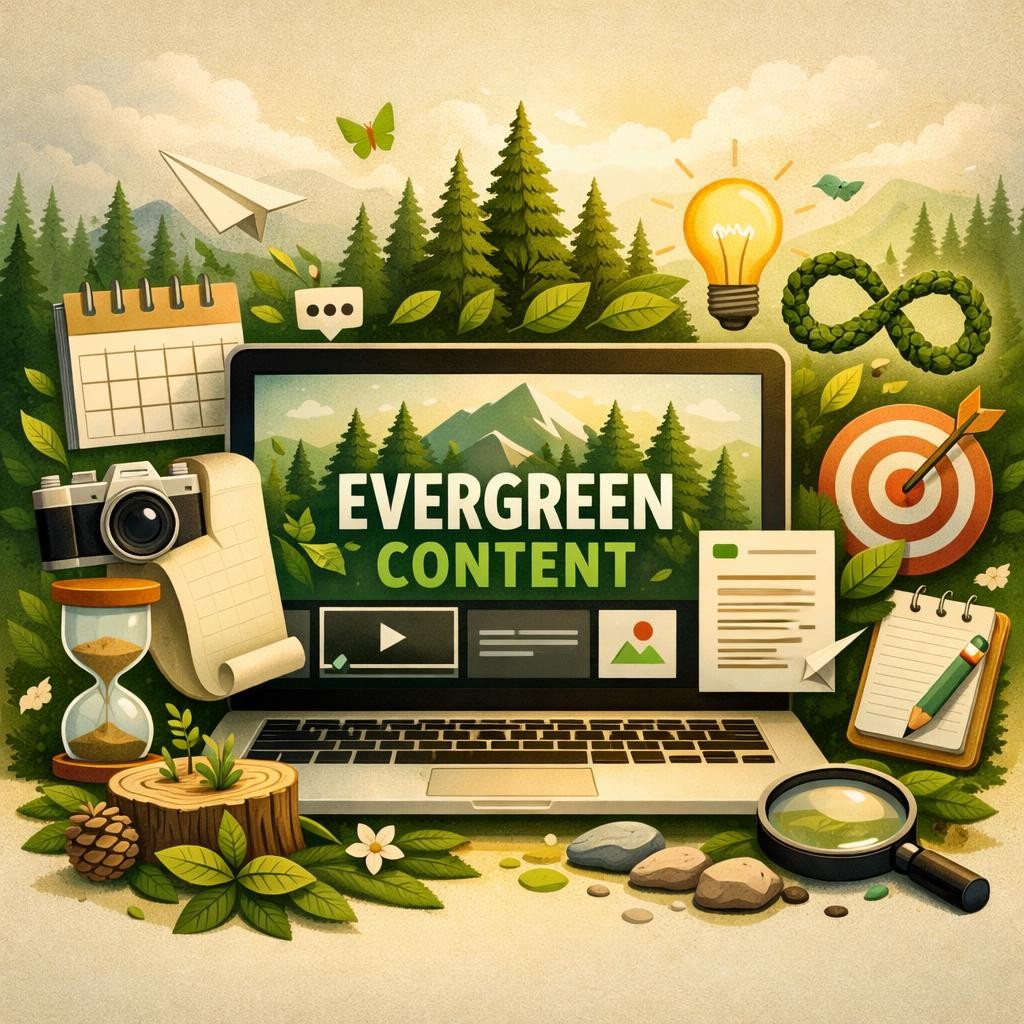 Laptop screen displaying 'EVERGREEN CONTENT' with surrounding nature and digital content icons