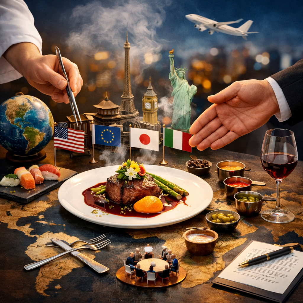 Gourmet steak dish with international landmarks and flags representing global diplomacy