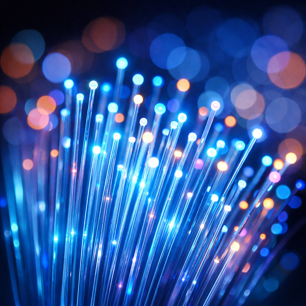 Glowing fiber optic strands with blue and orange lights