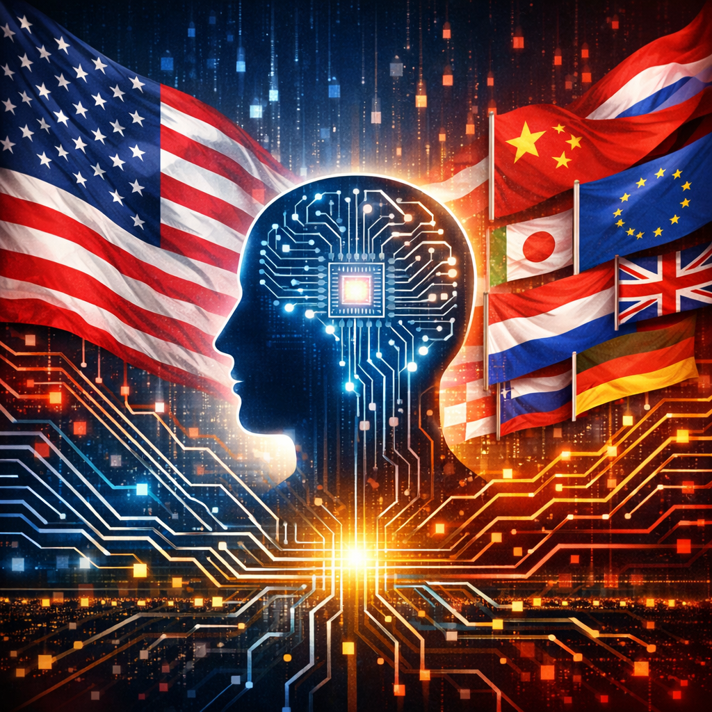 Silhouette of human head with circuit brain and glowing microchip surrounded by flags of the US, China, Europe, and other countries