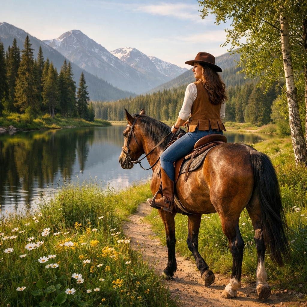 Woman wearing a brown hat and vest riding a horse on a lakeside path with mountains