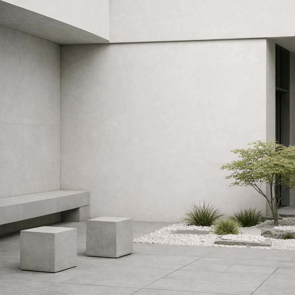 Minimalist outdoor seating area with concrete blocks, bench, small plants, and 'COS' logo on wall