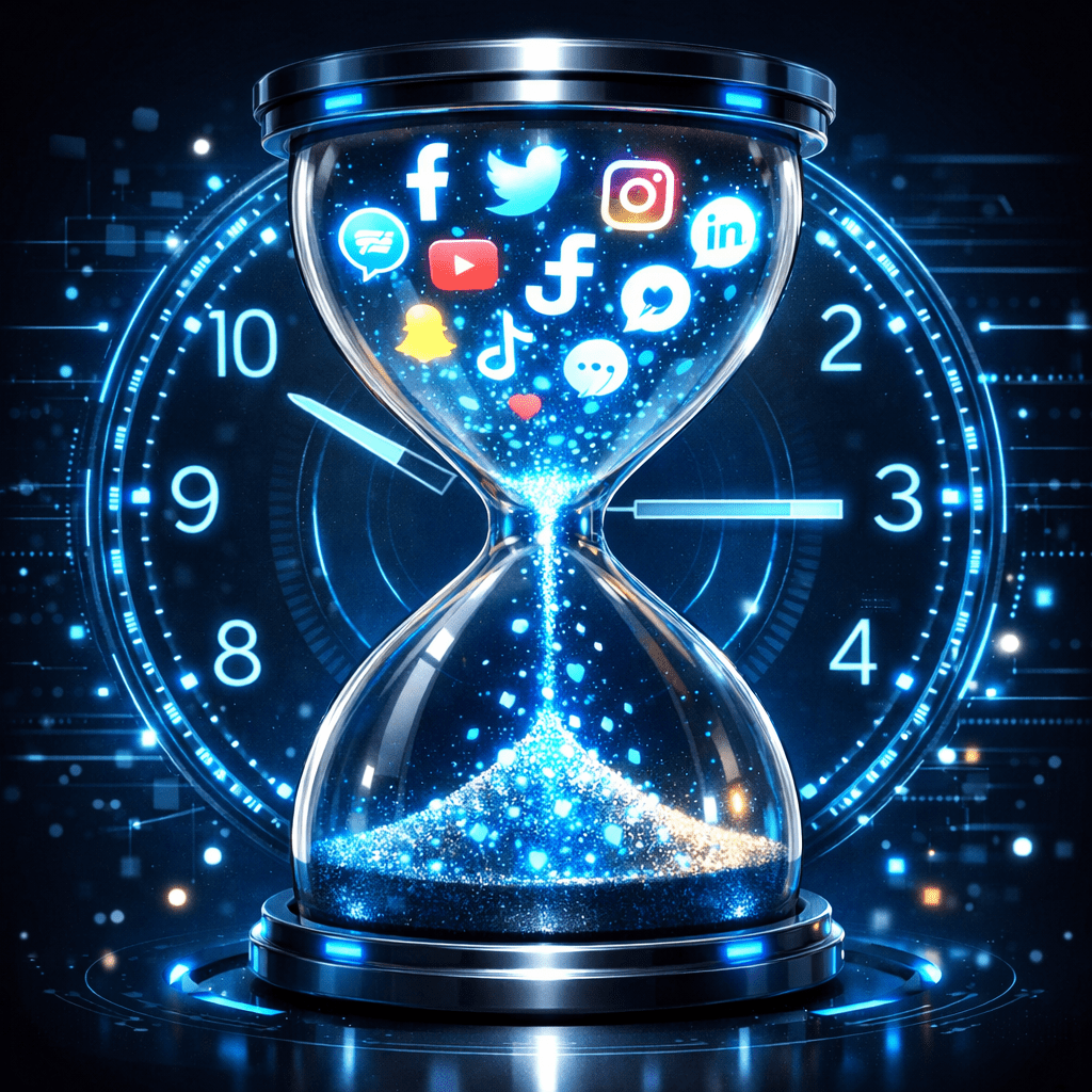 Hourglass with social media icons and digital clock background