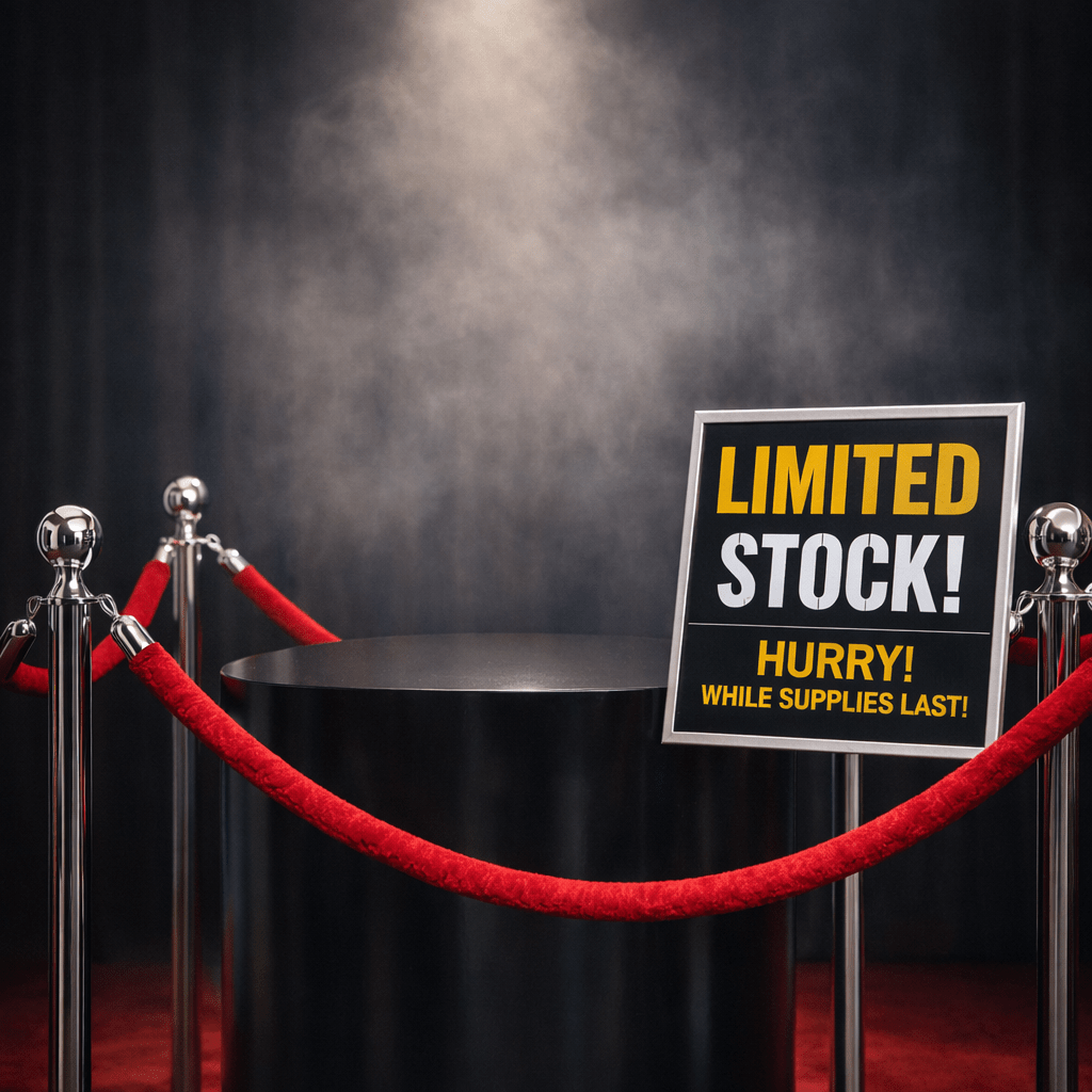 PlayStation 5 console on black pedestal with red ropes and limited stock sign