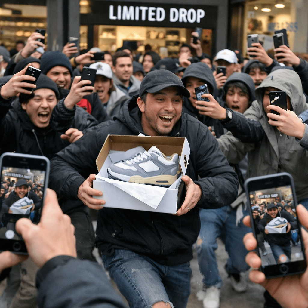 Man holding a sneaker box in front of a crowd taking photos