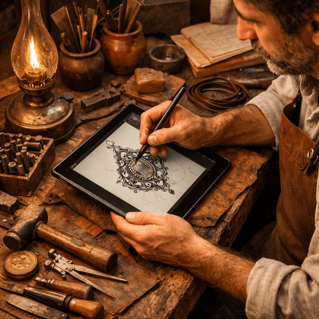 Craftsman drawing an intricate ornamental design on a digital tablet.