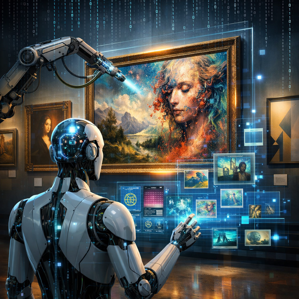 A robot using virtual interface to analyze a classic-style painting of a woman in an art gallery