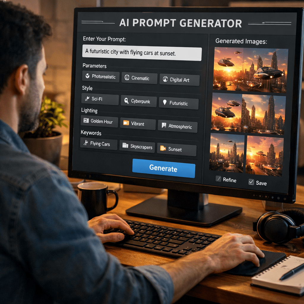 Person working on AI prompt generator to create futuristic city images with flying cars at sunset