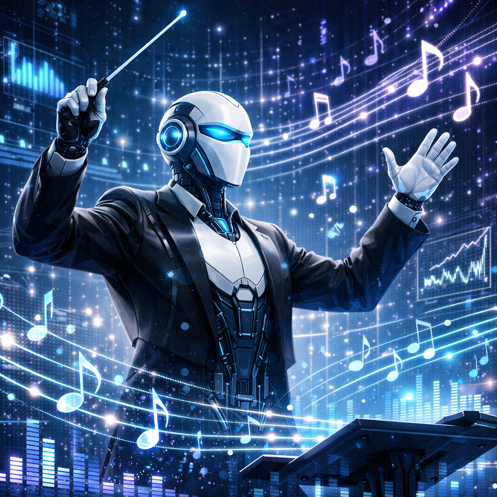Robot conductor in suit leading music with digital notes and data visualizations