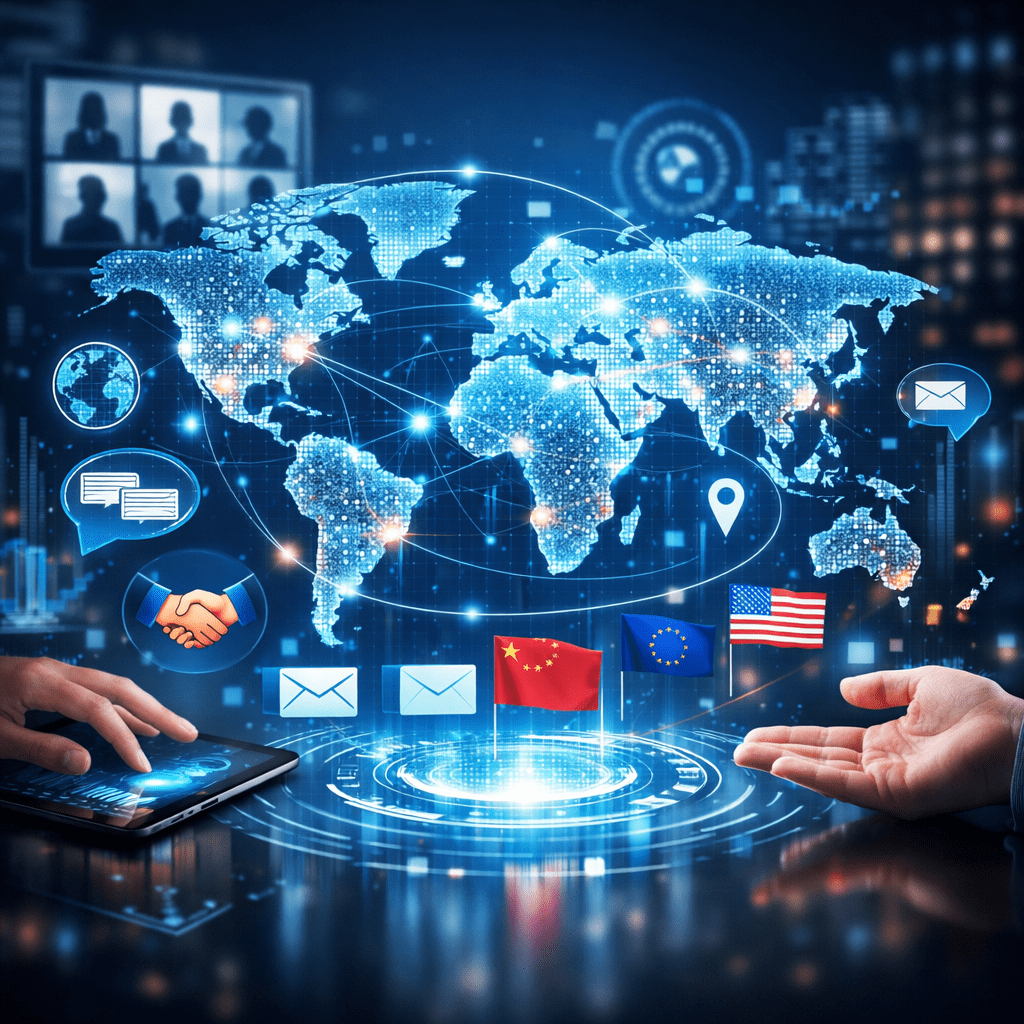 World map with digital connections, flags of China, EU, USA, and communication icons