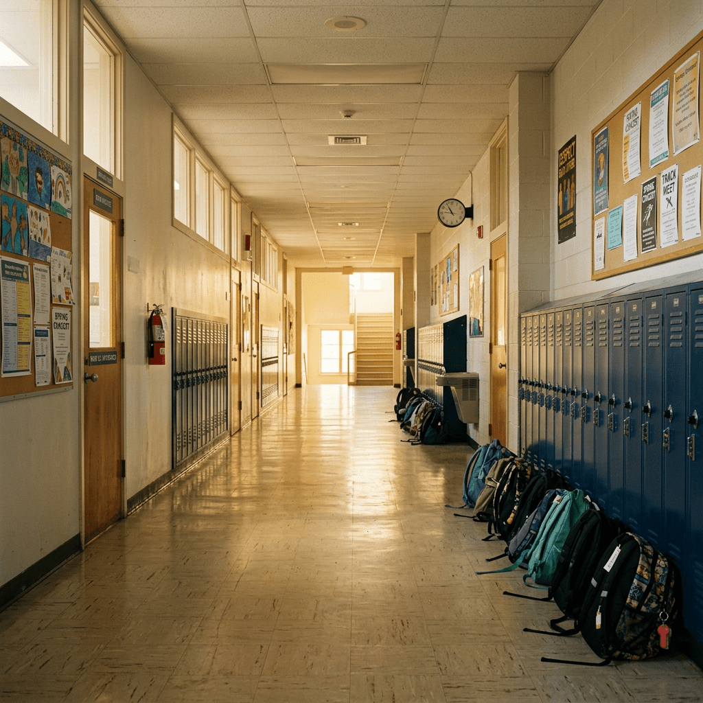 Empty school hallway with rows of lockers and backpacks lined along the wall