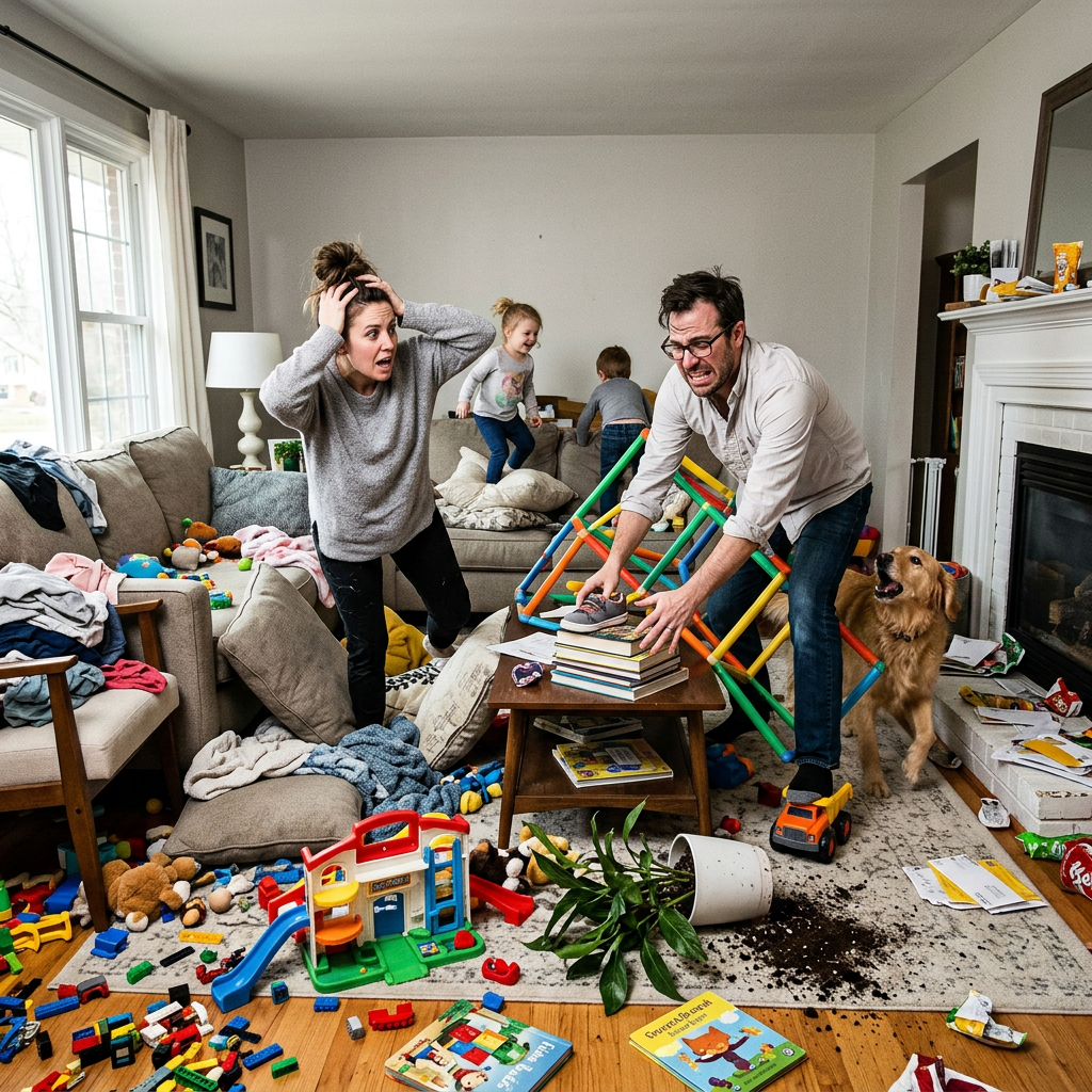 Frustrated parents in a cluttered living room with two children playing and toys scattered everywhere