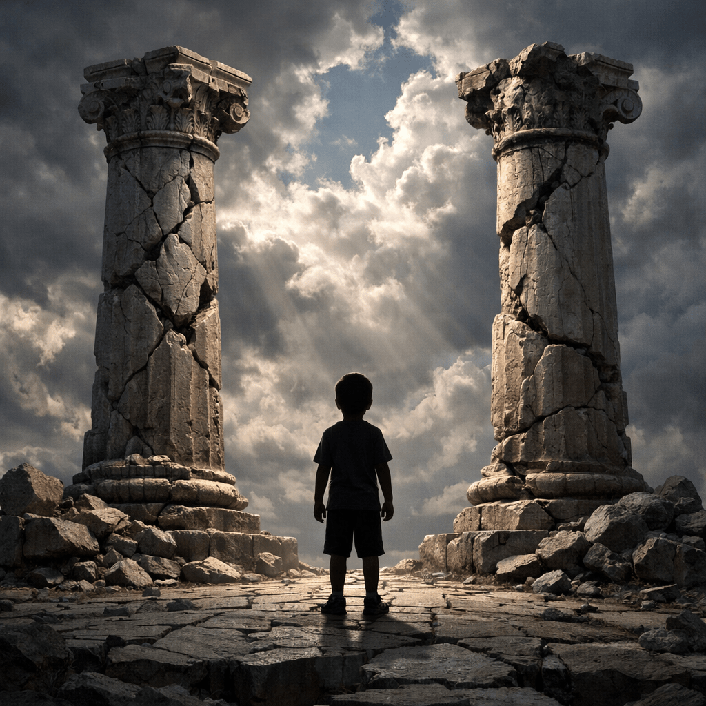 Silhouette of a child standing between two large cracked ancient stone columns with dramatic clouds