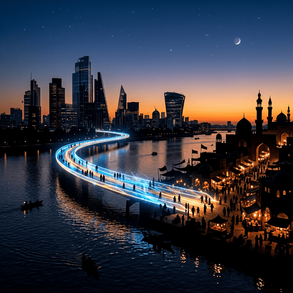 Glowing blue pedestrian bridge over river at sunset with city skyline and market area