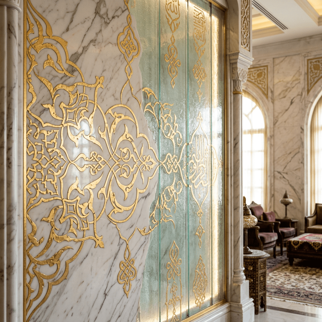 Intricate gold Islamic patterns on marble and glass wall panels