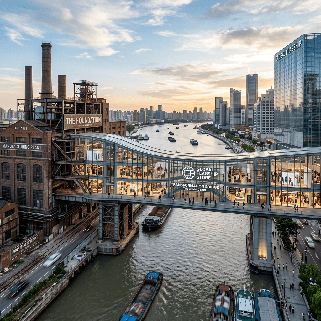 River with boats under a glass pedestrian bridge linking historic factory and modern buildings