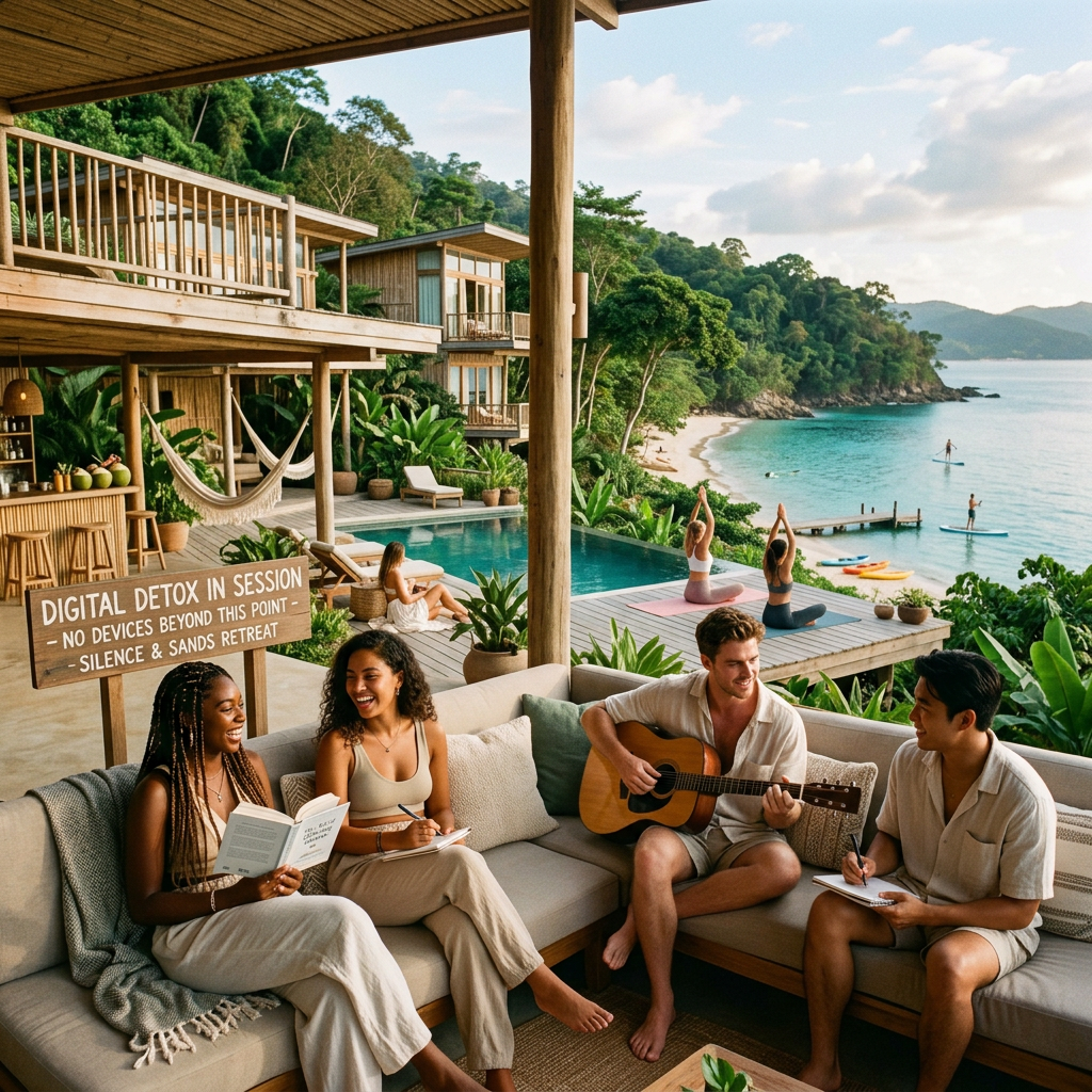 Group of young adults socializing by the beach with no electronic devices