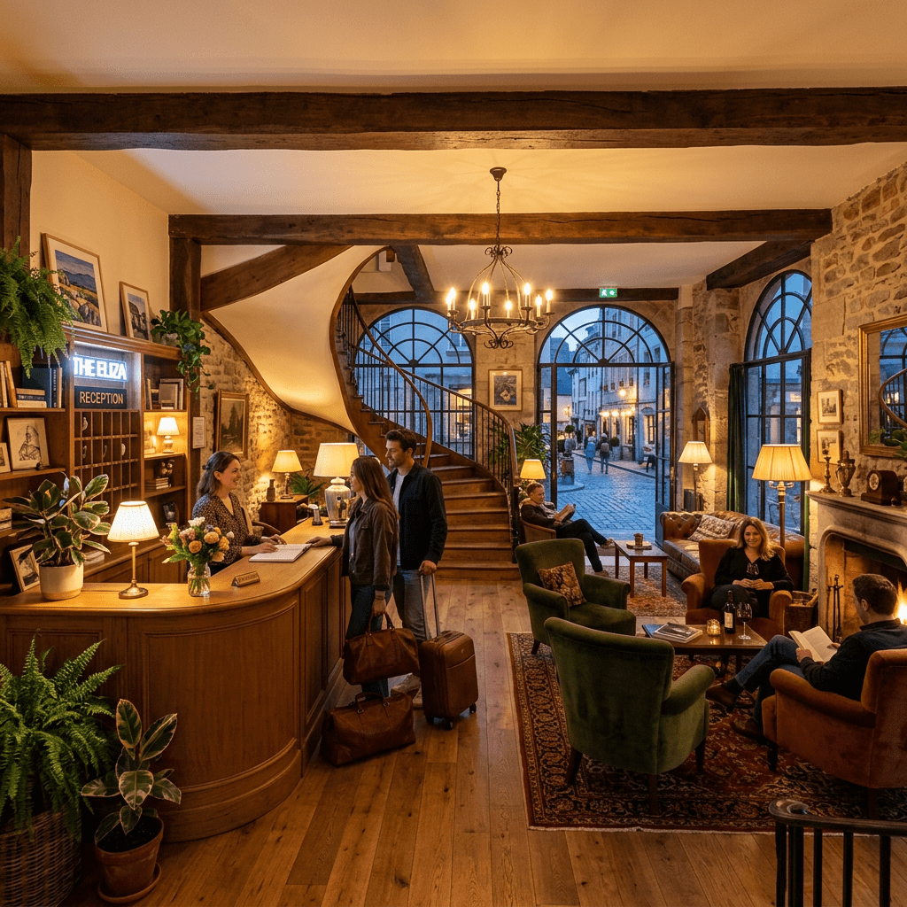 Hotel lobby with wooden reception desk, spiral staircase, seating area, and large arched windows showing a street outside