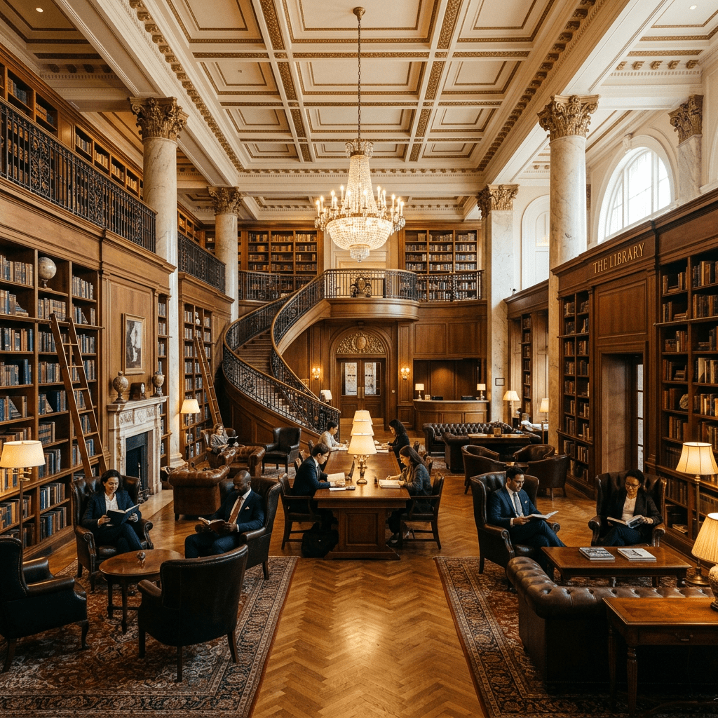 Spacious historic library with ornate wood bookshelves, chandeliers, and people reading