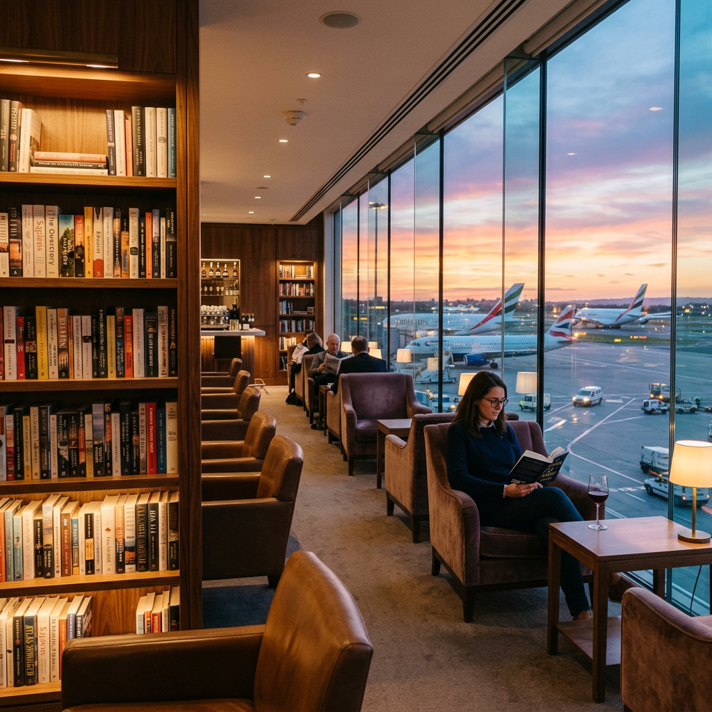 Traveler reading book in airport lounge with large windows overlooking airplanes on runway at sunset