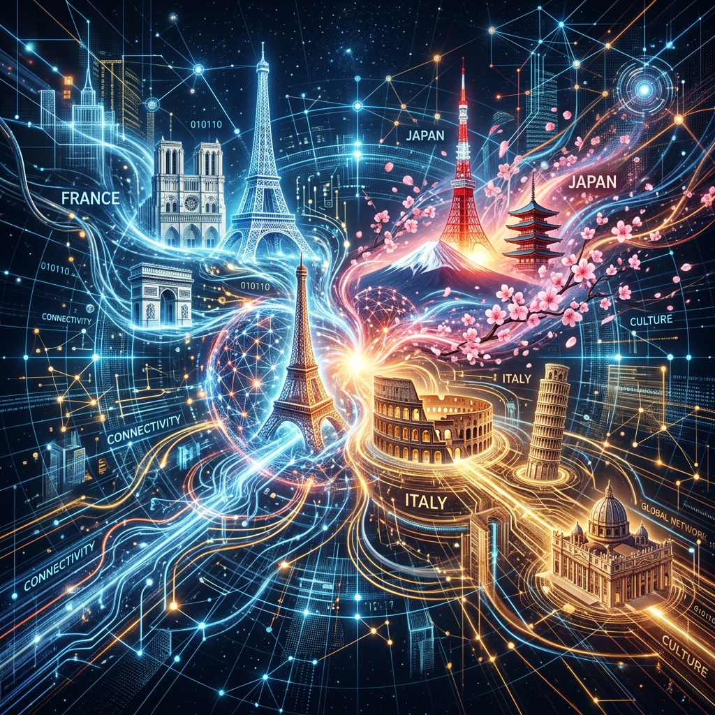 Landmarks from France, Italy, and Japan connected by glowing digital lines and nodes
