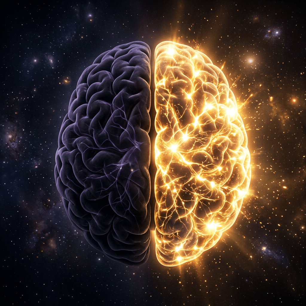 Brain divided into two halves, left side dark purple and calm, right side glowing with bright yellow neural activity
