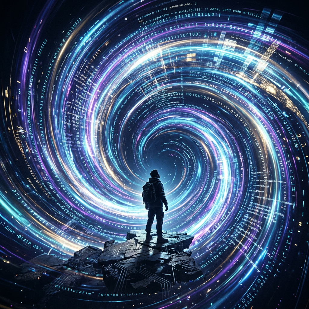 Silhouette of a person on rocky cliff facing swirling digital data vortex