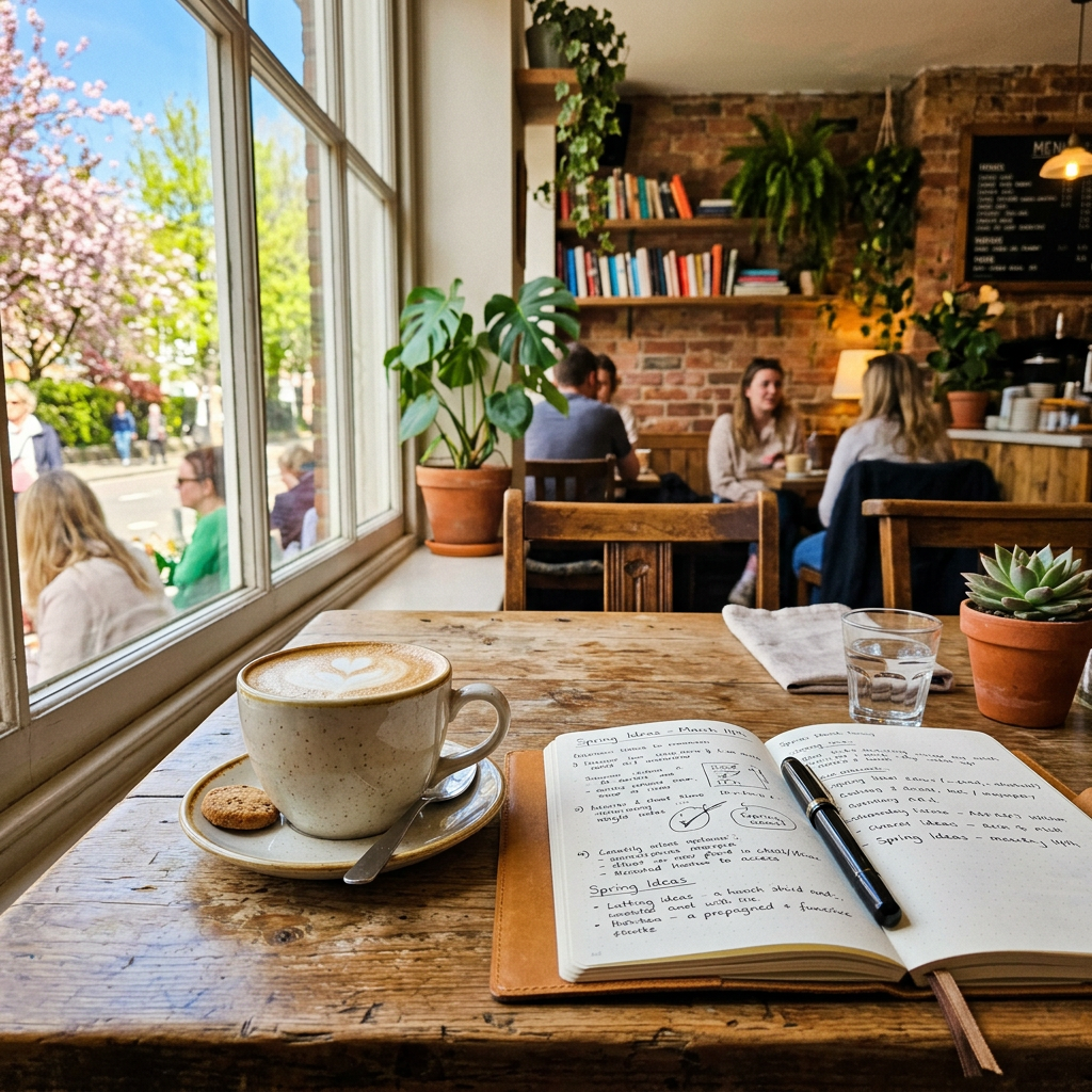 Latte with heart design and open notebook on wooden table by window in cafe