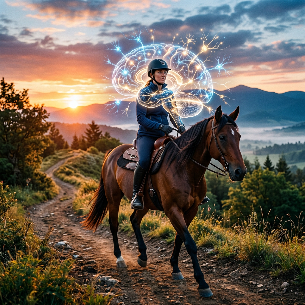 Woman riding a horse on a trail with a digital glowing brain illustration around her head