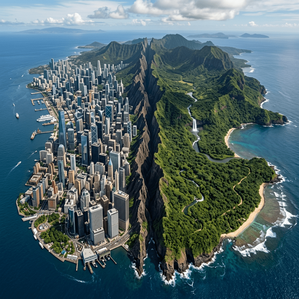 Island divided with skyscrapers on one side and tropical forest with waterfall on the other