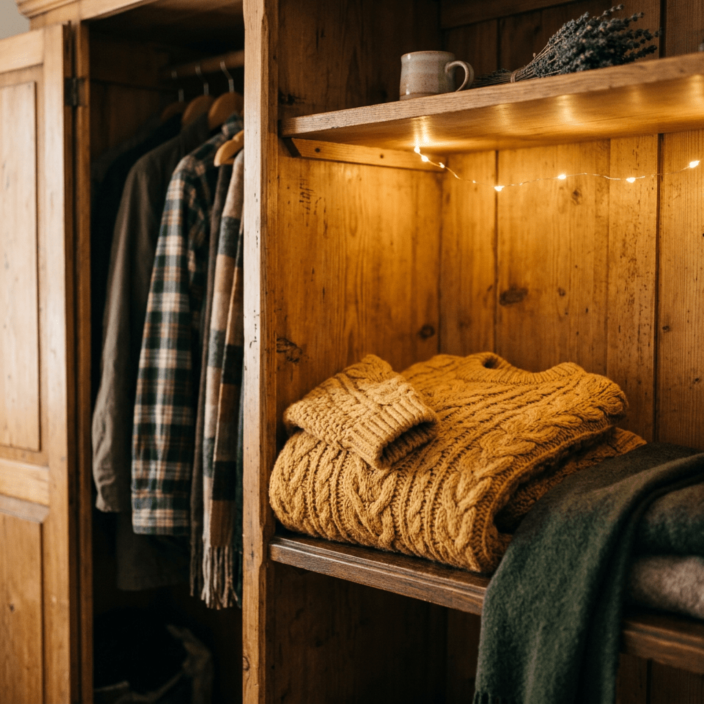 Wooden wardrobe with folded mustard yellow sweater and hanging jackets