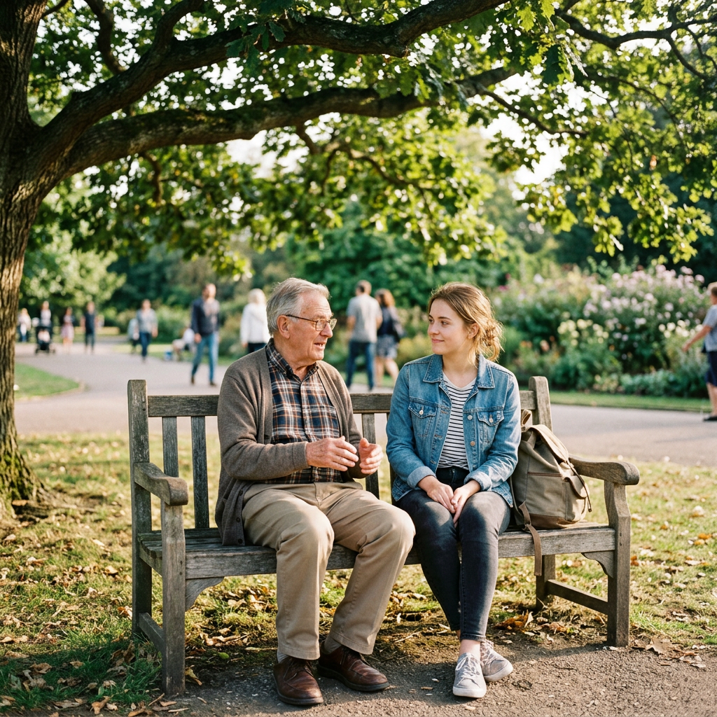 Elderly man talking to young woman sitting on a wooden park bench
