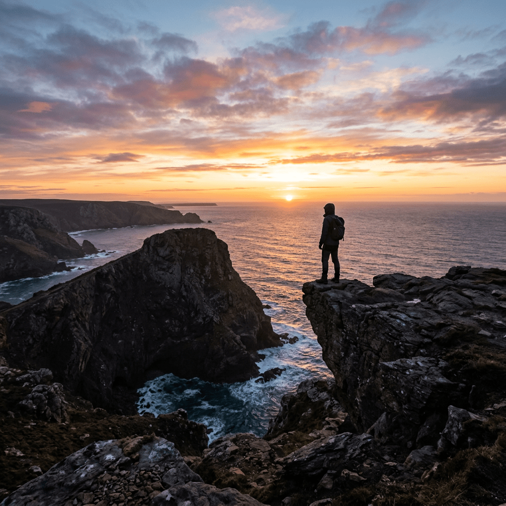 Person standing on rocky cliff watching sunset over ocean and rugged coastline
