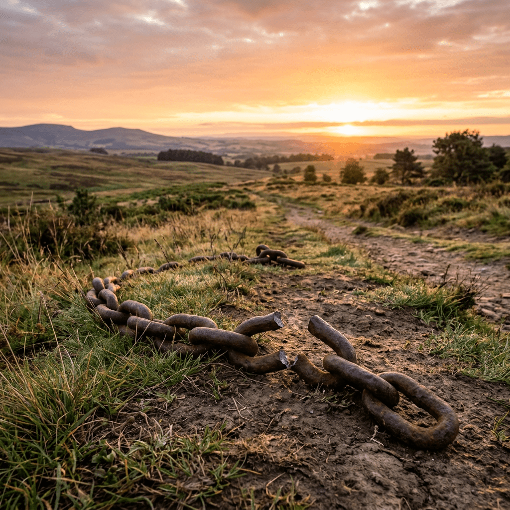 Broken rusty chain on grassy dirt path with sunset and hills in background